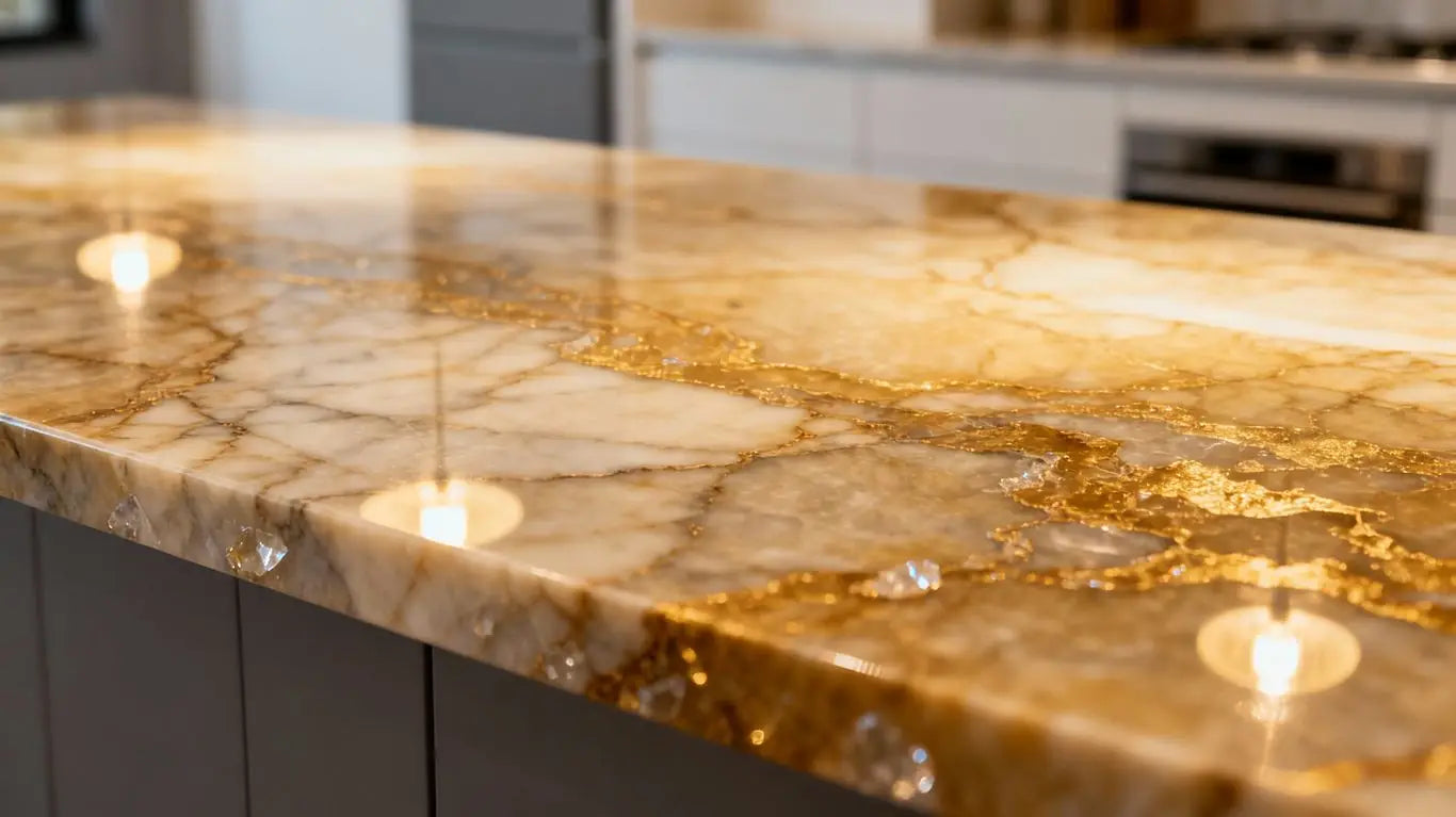 Quartz countertop with marble-like veining.