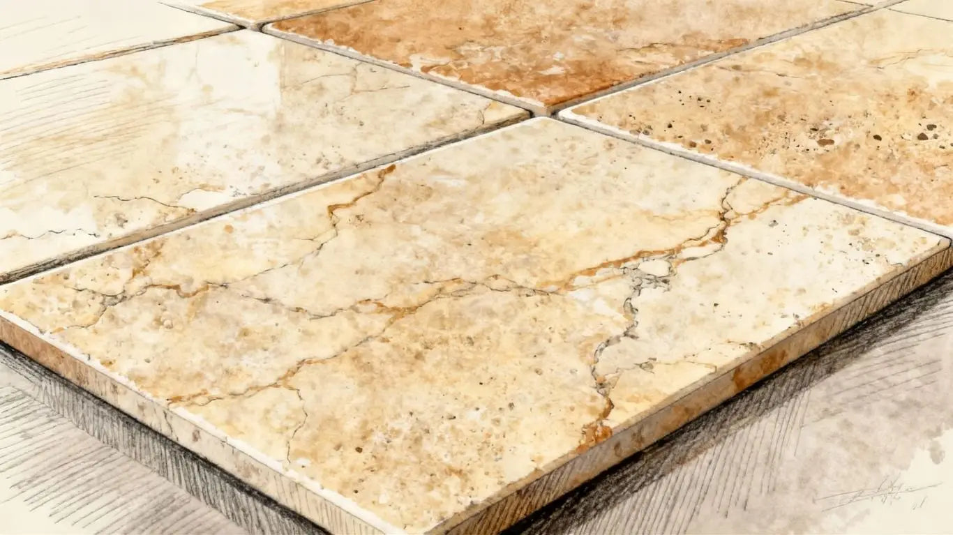 Travertine porcelain tiles with natural veining and texture.