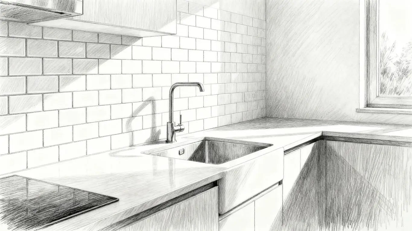 Boceto de salpicadero de cocina con azulejos blancos tipo metro