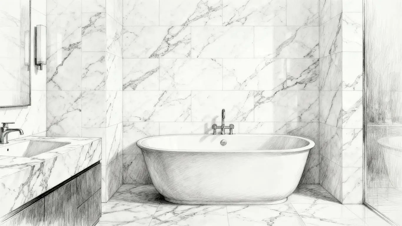 Boceto de baño de mármol Calacatta con vetas elegantes.
