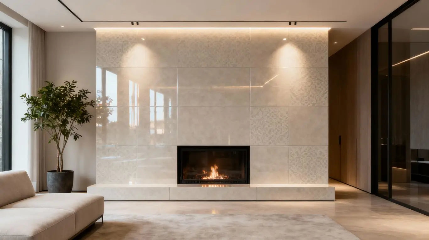 Modern living room with chic Cloe tile fireplace.
