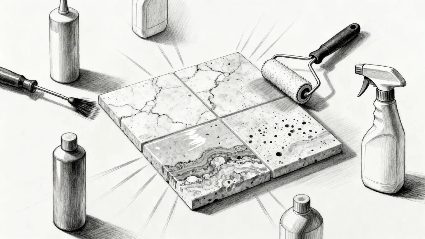 Travertine tile sealant options and application tools sketch.