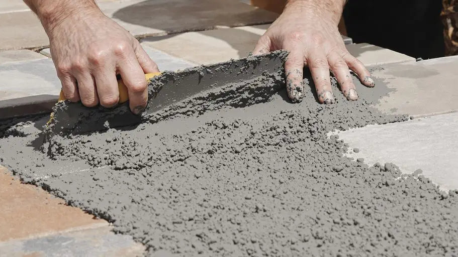 Applying gray grout between patio pavers for outdoor tile project