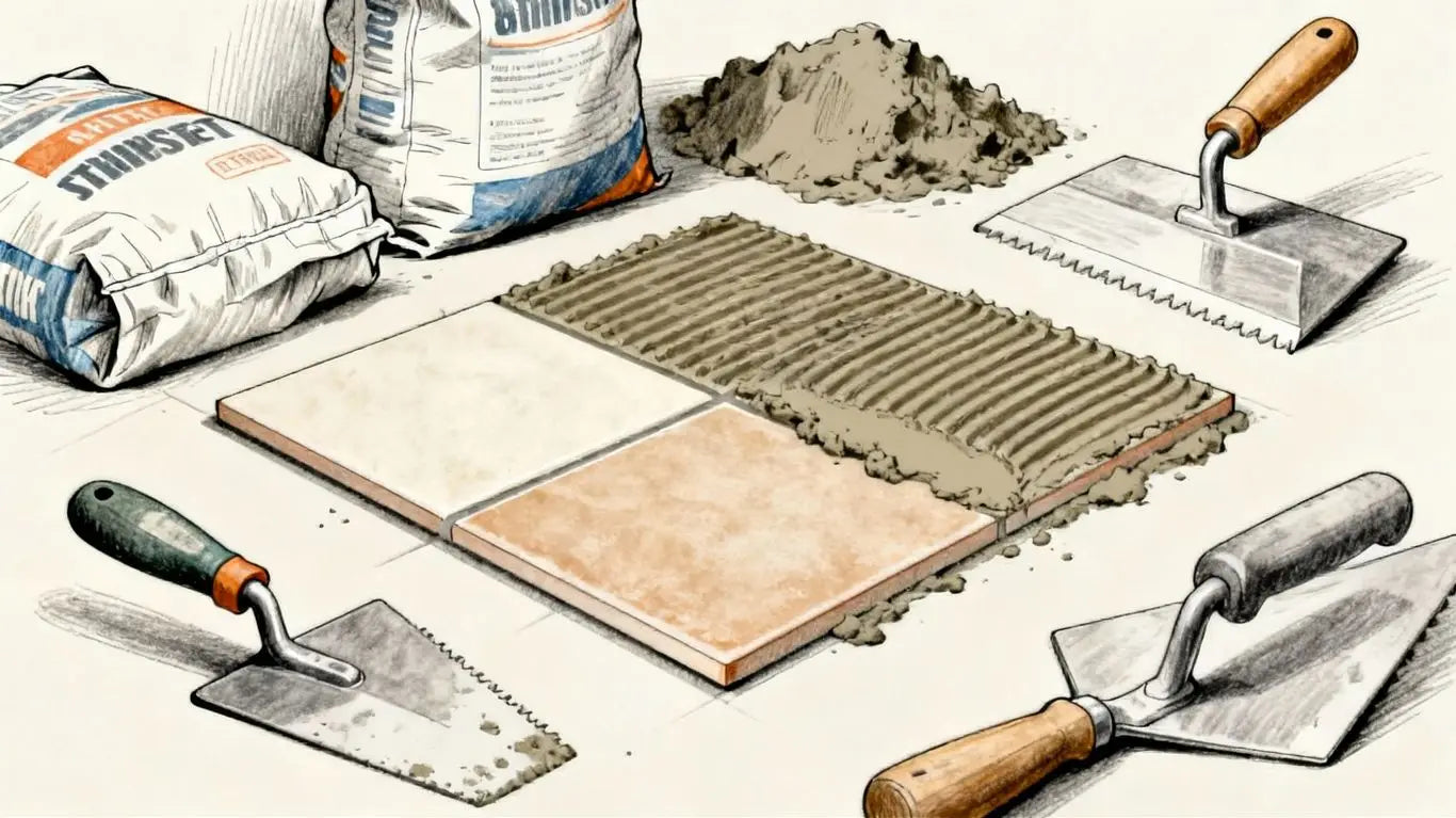 Thinset mortar bags and trowels with porcelain tile.