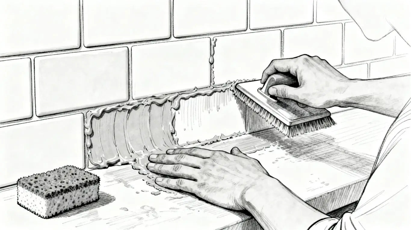 Aplicando lechada a un salpicadero de cocina.
