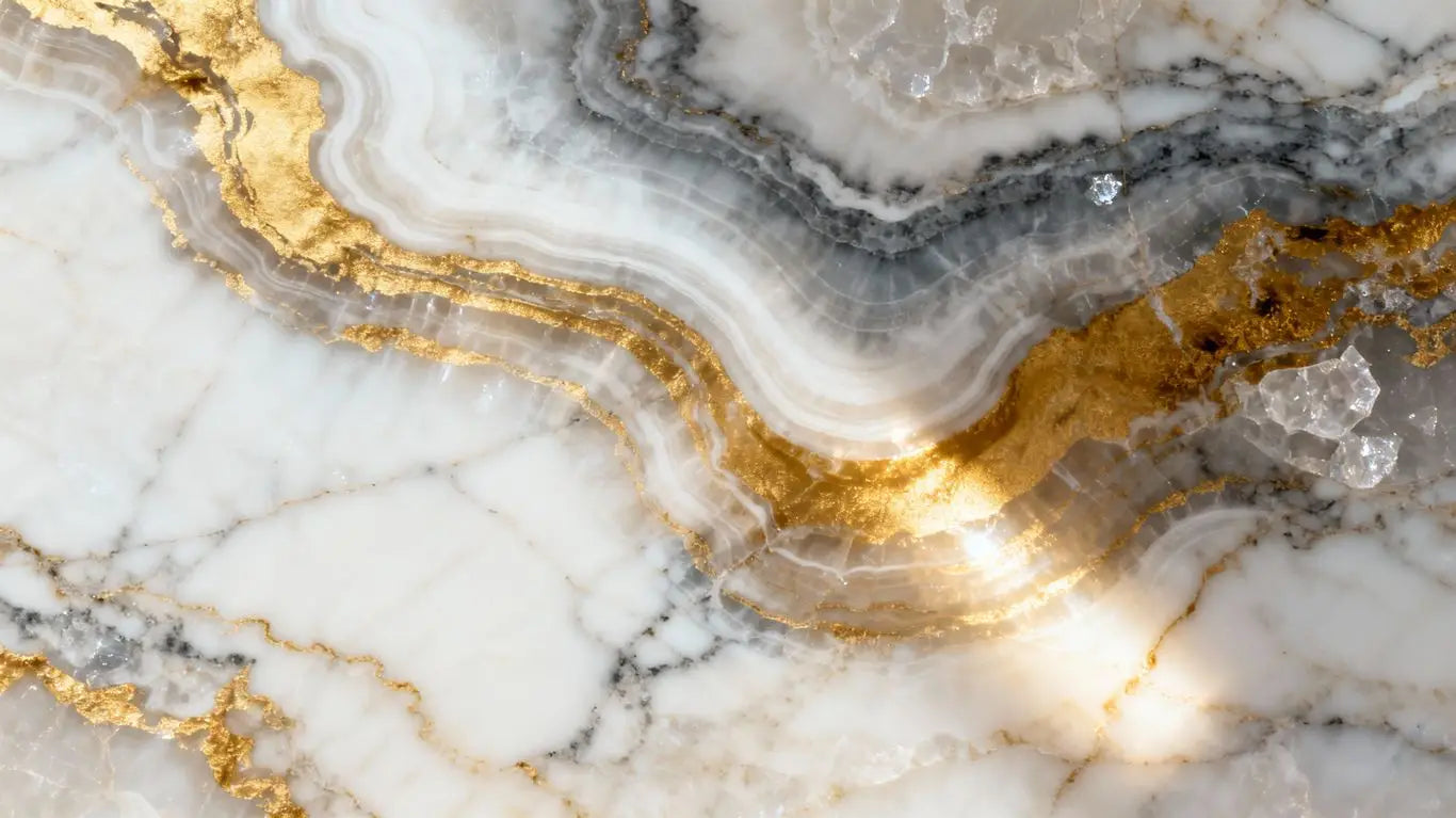 Patagonia quartzite slab with swirling gold and grey veins.
