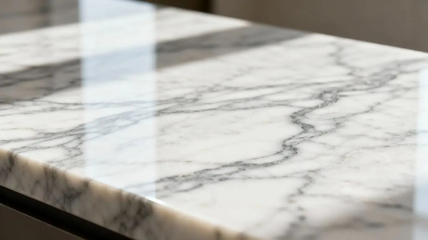 Quartz countertop with marble-like veining.