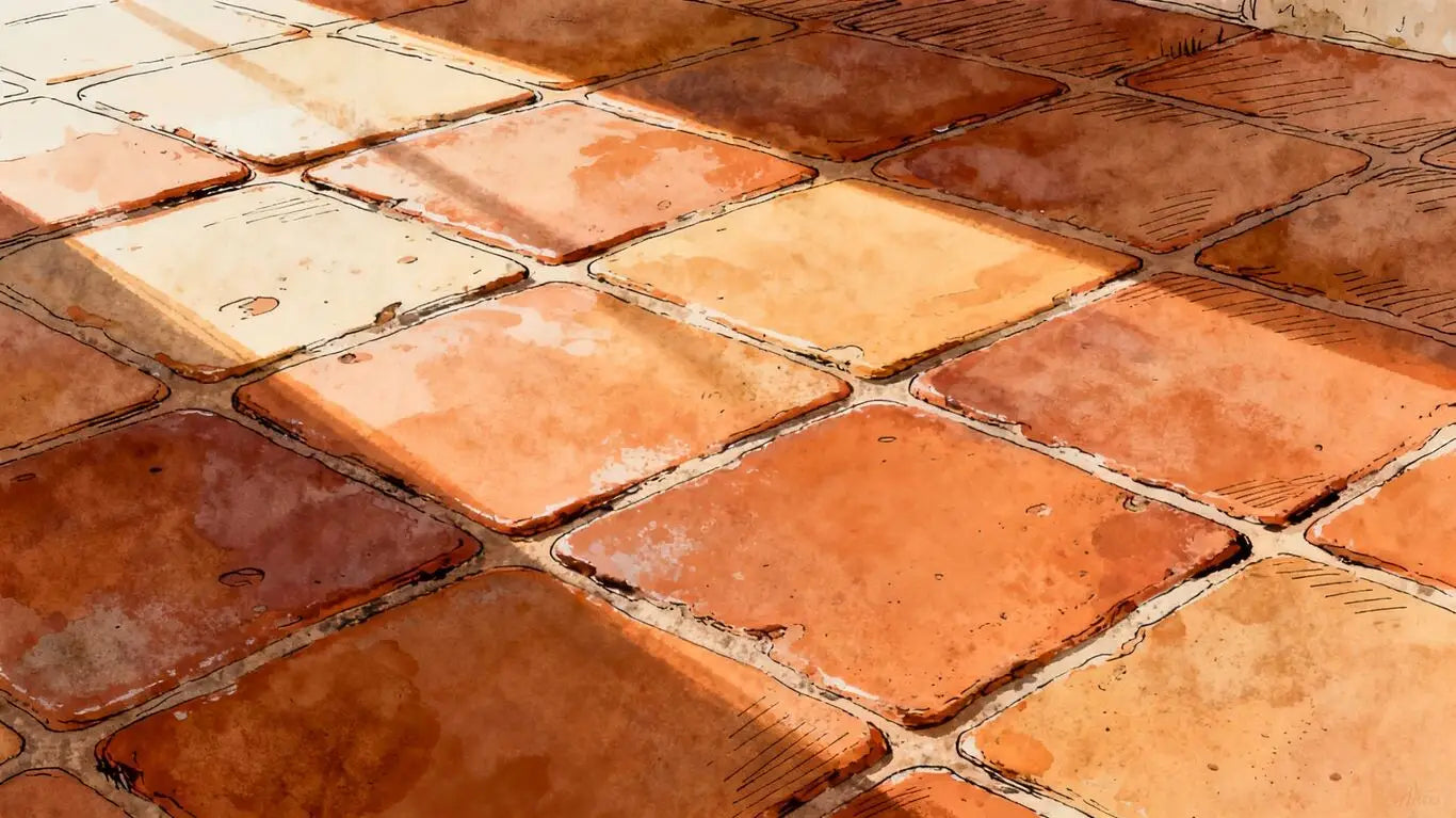 Earthy terracotta clay tiles with natural texture.