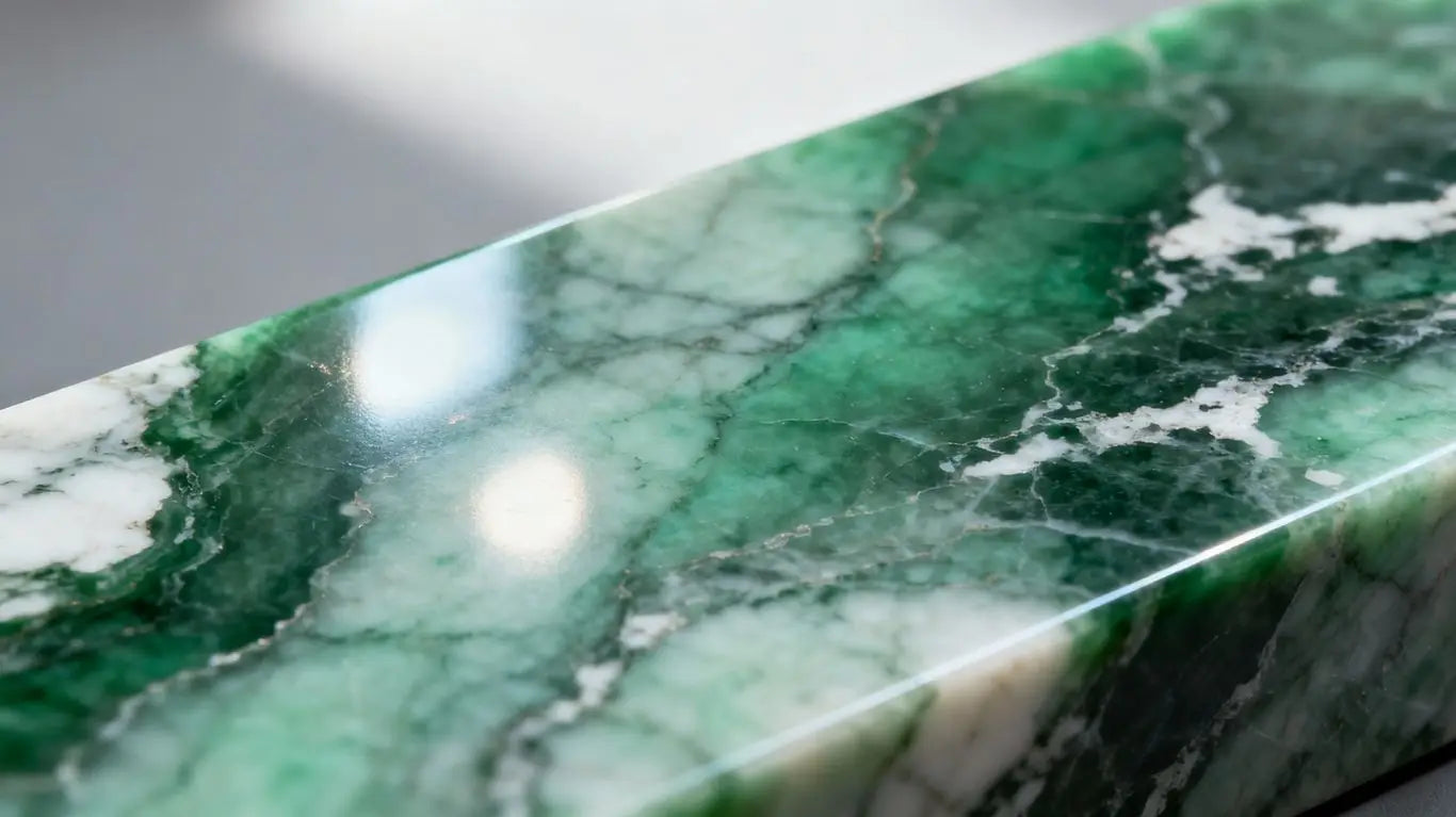 Polished Ming Green marble with natural green veining.