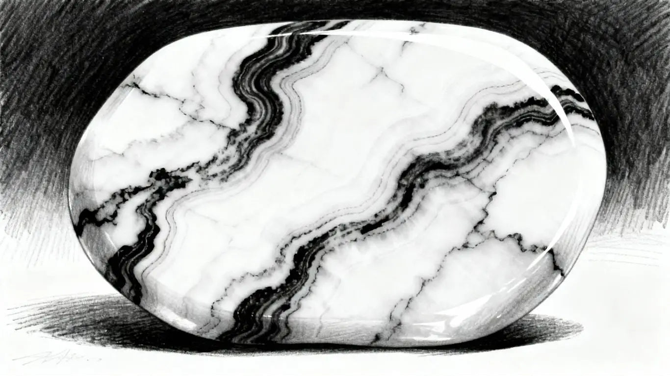 Piedra ónix blanca con vetas negras, boceto ilustrativo.
