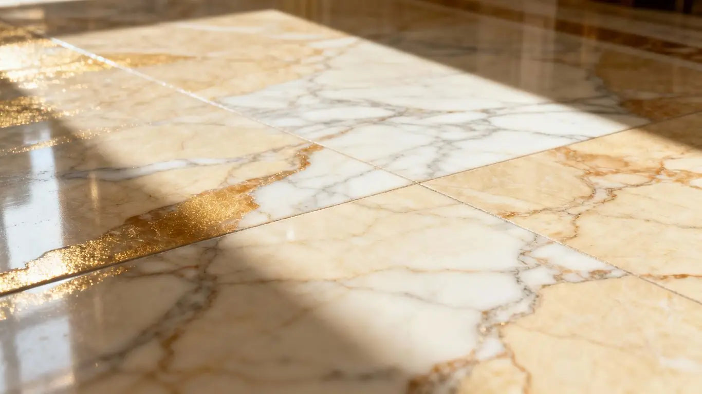 Polished Botticino marble floor with elegant veining.