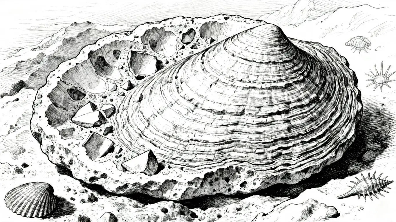 Boceto de sección transversal de concha de piedra caliza con fragmentos fósiles.