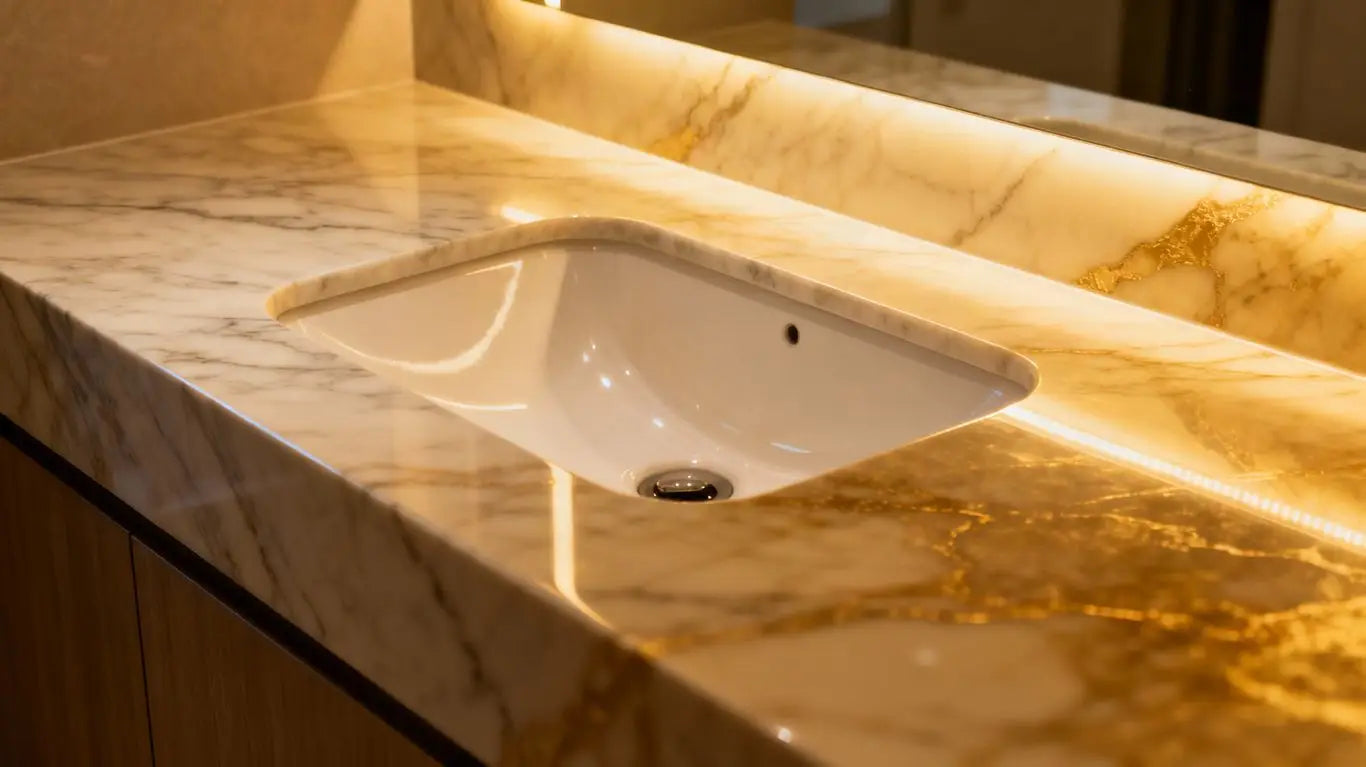 Marble bathroom vanity top with undermount sink.