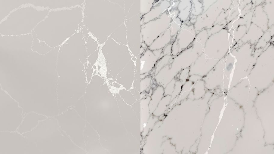 Two artificial stone slabs: light gray with white veins vs white with black-gray veining