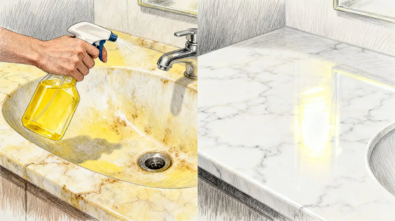 Yellowed cultured marble sink being cleaned to a bright finish.