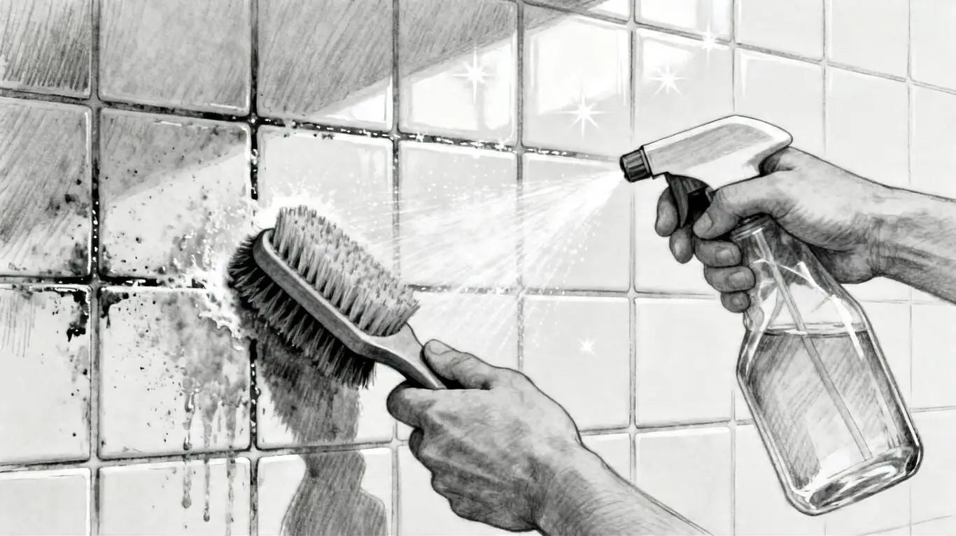 Cleaning grout on a kitchen backsplash.