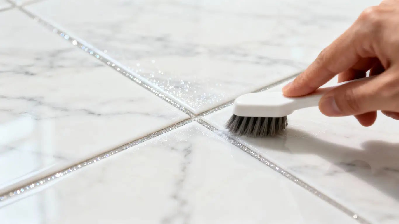 Sparkling clean marble tile grout with a cleaning brush.