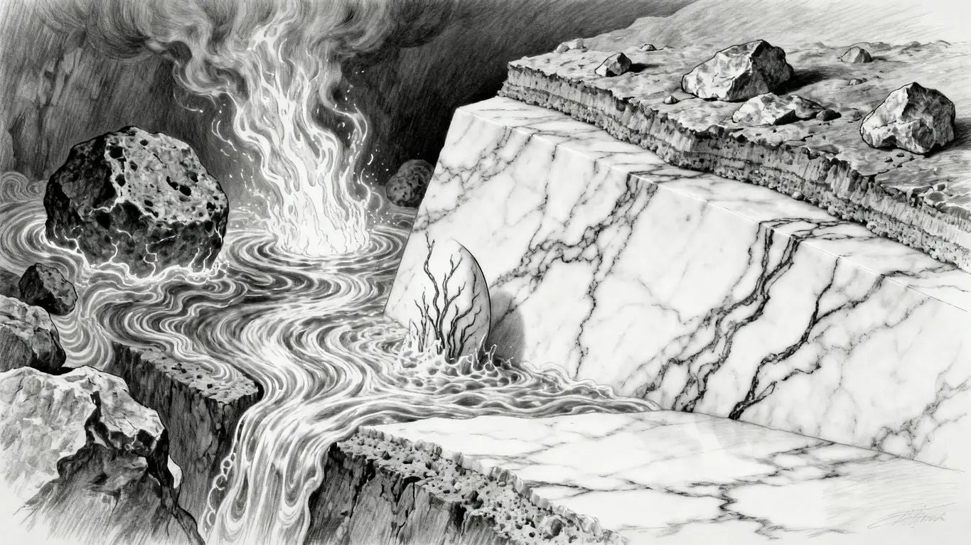 石灰石在地质作用下转化为大理石。