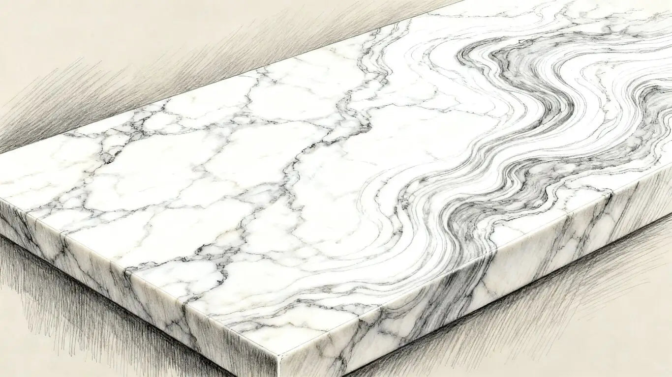 Calacatta Macaubas quartzite boceto con veteado elegante.