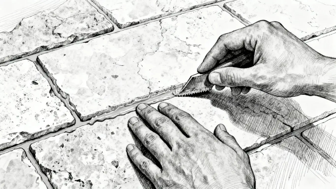 Hands grouting travertine tile for a perfect finish.