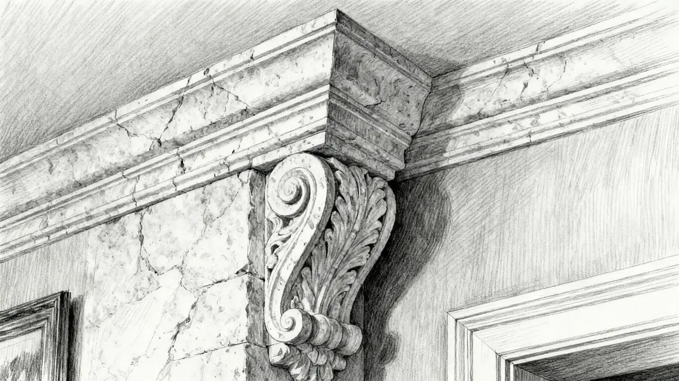 Detalle de elegante moldura de piedra caliza en el interior de una casa.