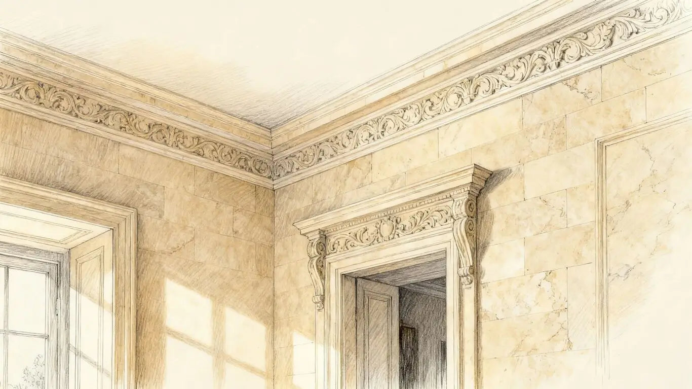 Boceto de casa con elegantes detalles de moldura de piedra caliza