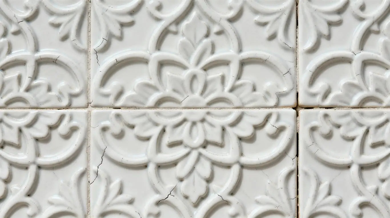 White Arabesque tiles with intricate patterns.