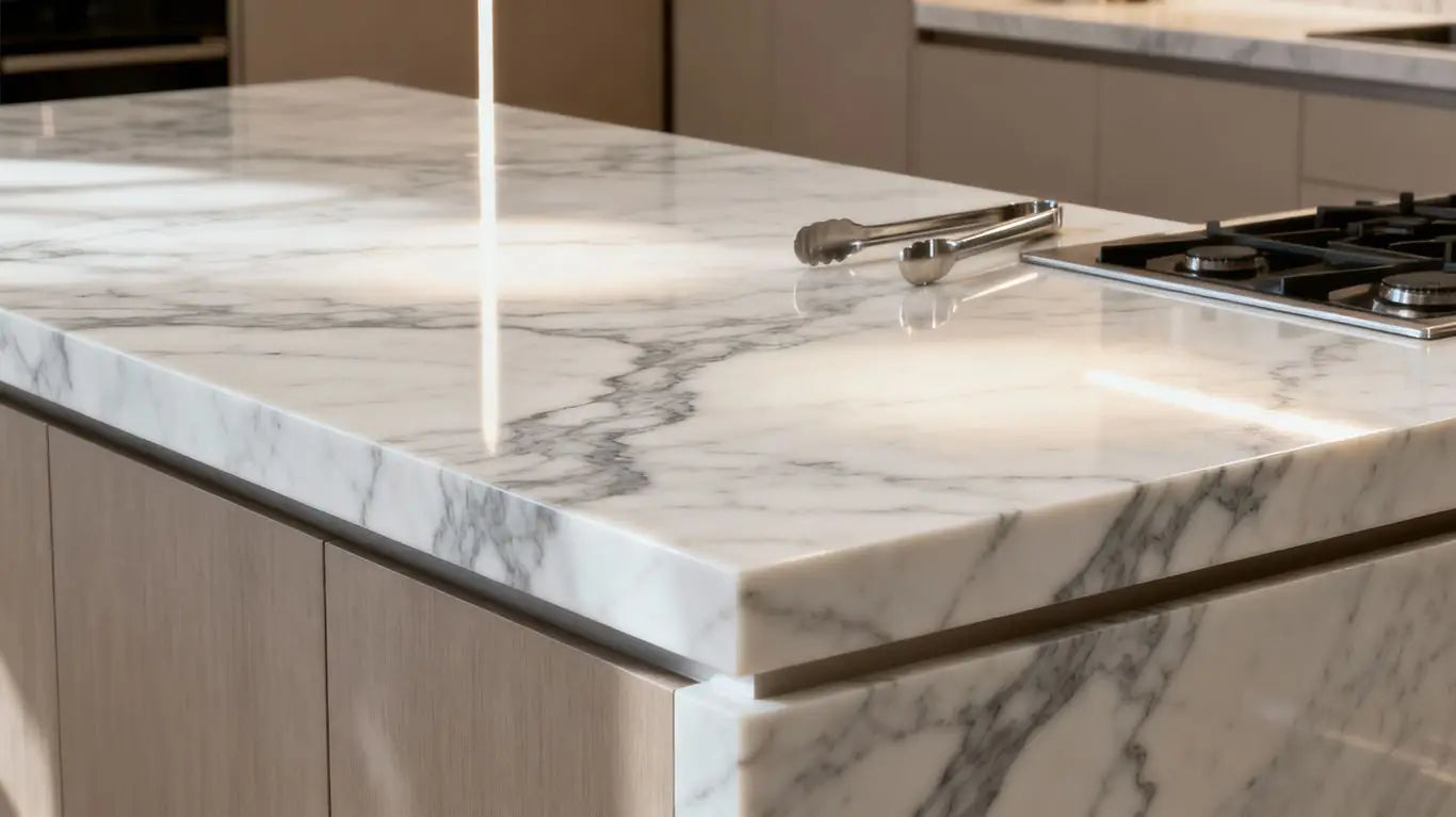 Elegant marble slab countertop in a modern kitchen.