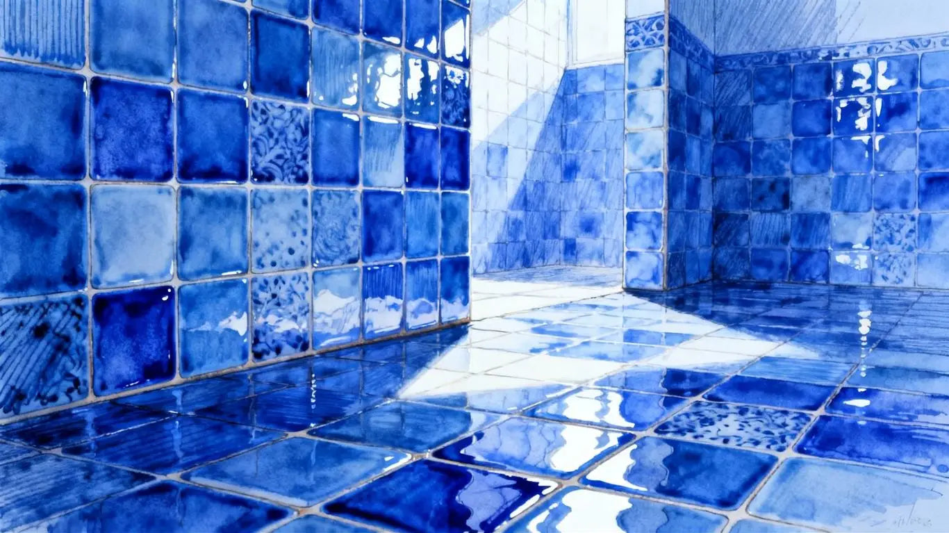 Blue porcelain tiles in a room sketch.
