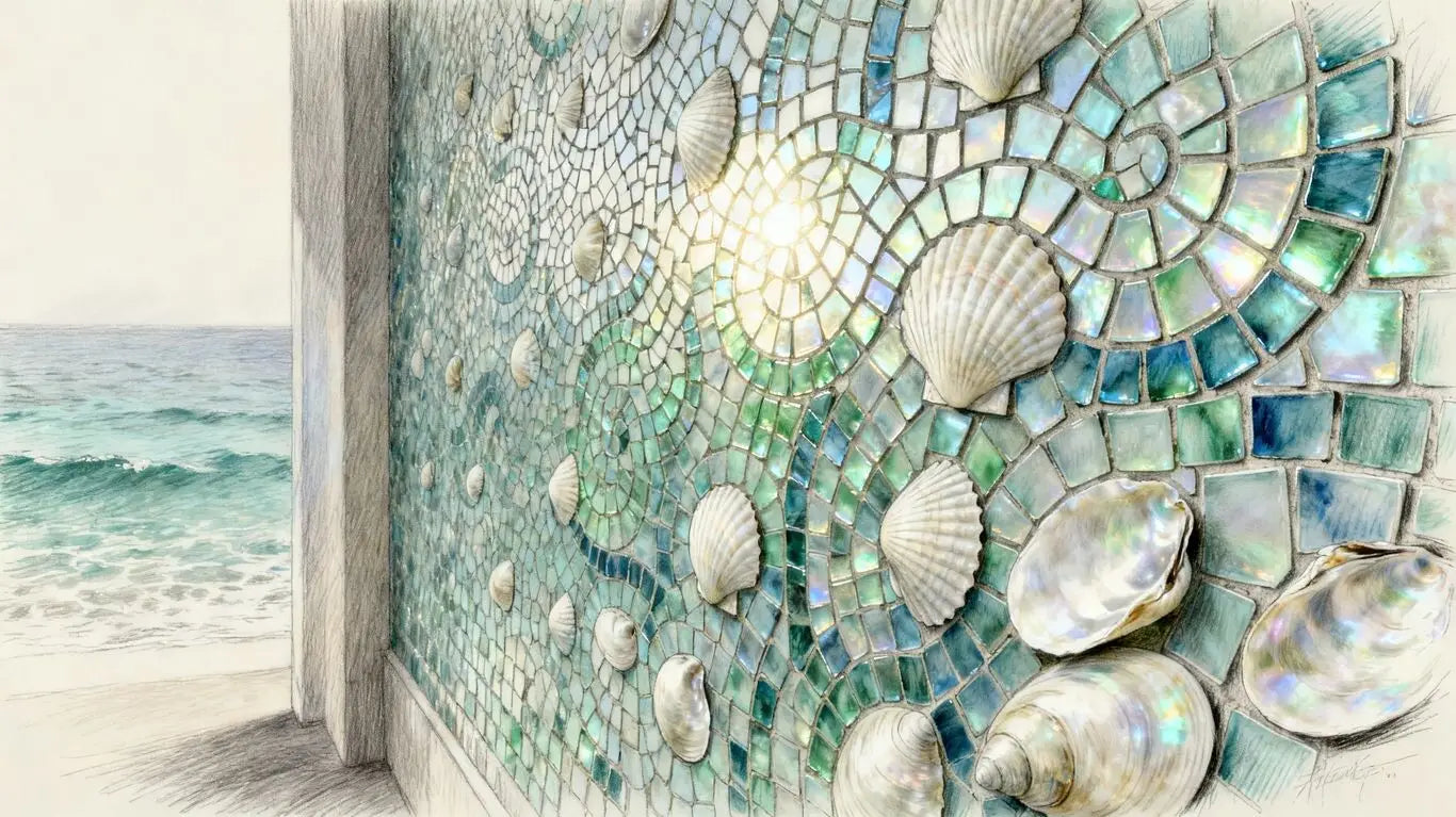 Seashell mosaic tiles on a wall