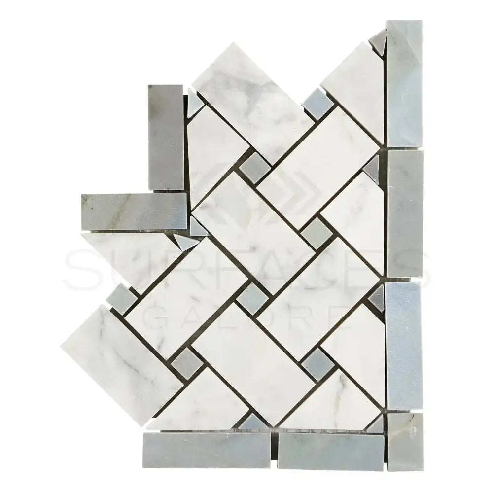 Carrara White Royale Basketweave Border CORNER (w/ Blue-Gray)-American Stone