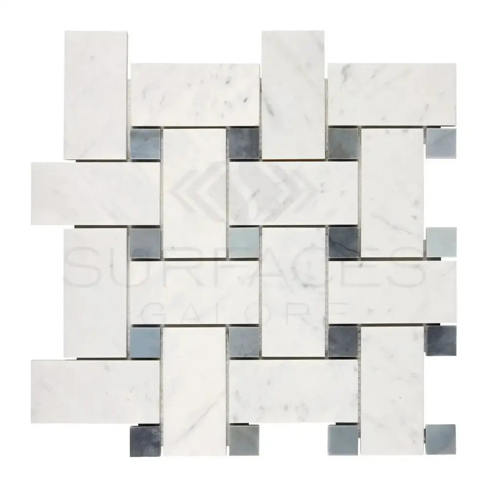Carrara White Royale Large Basketweave (w/ Blue-Gray) Mosaic Marble Tile-American Stone