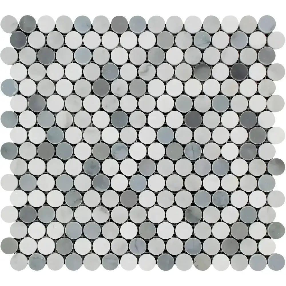 Carrara White Royale Penny-Round (Carrara White Royale+Thassos+Blue) Mosaic Marble Tile-American Stone