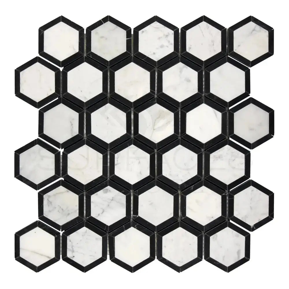 Carrara White Royale Vortex 2" Hexagon (w/ Black) Mosaic Marble Tile-American Stone