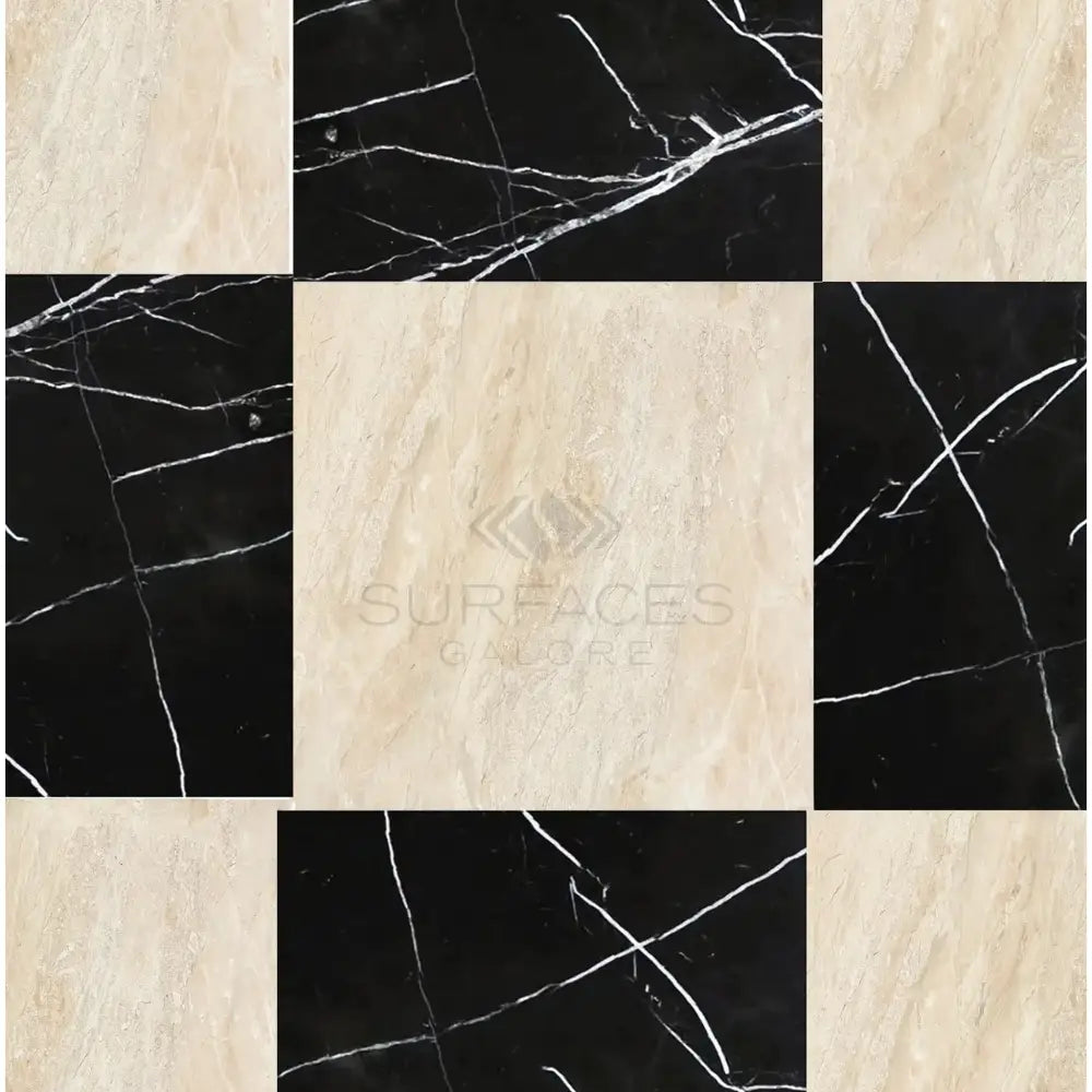 Checkerboard Nero Marquina Prestige Marble and Diano Royal Marble 12X12 Set-American Stone