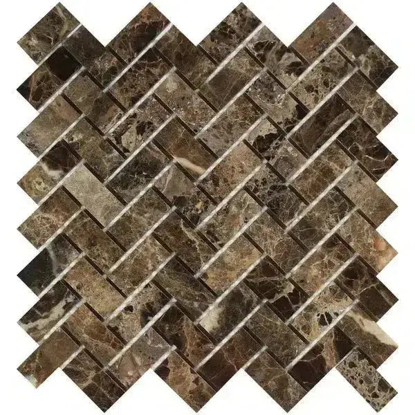 Emperador Dark Oro Marble 1X2 Herringbone Mosaic Polished-American Stone