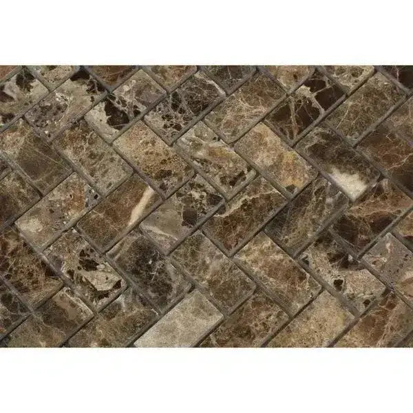 Emperador Dark Oro Marble 1X2 Herringbone Mosaic Polished-American Stone