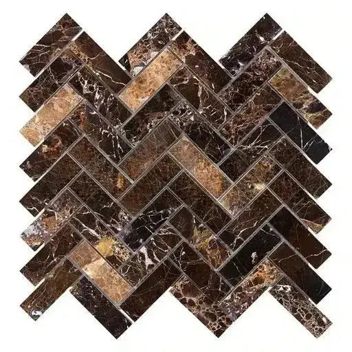 Emperador Dark Oro Marble 1X3 Herringbone Mosaic Polished-American Stone