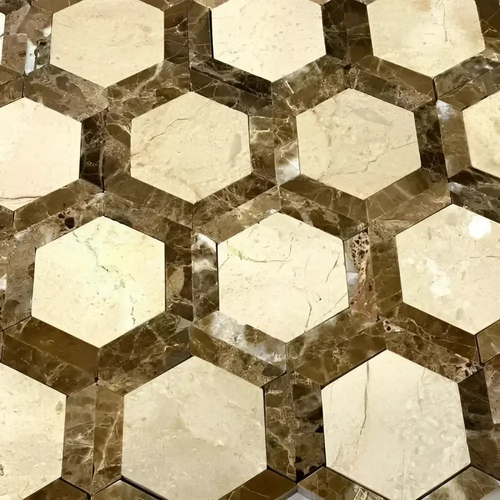 Emperador Dark Oro Marble 2" Vortex Hexagon (w/ Crema Marfil) Mosaic Polished-American Stone