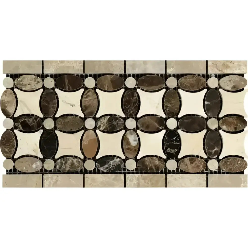 Emperador Dark Oro Marble 5 3/4X11 1/4 Florida Flower Border (Crema Marfil+Emp. Light+Emp. Dark)Polished-American Stone