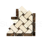 Emperador Dark Oro Marble Basketweave Border Corner w/ Crema Marfil Dots Polished-American Stone