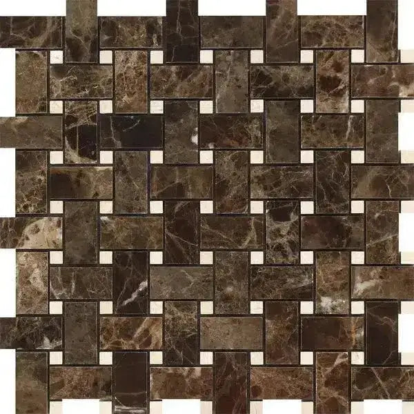 Emperador Dark Oro Marble Basketweave w/ Crema Marfil Dots Mosaic Polished-American Stone