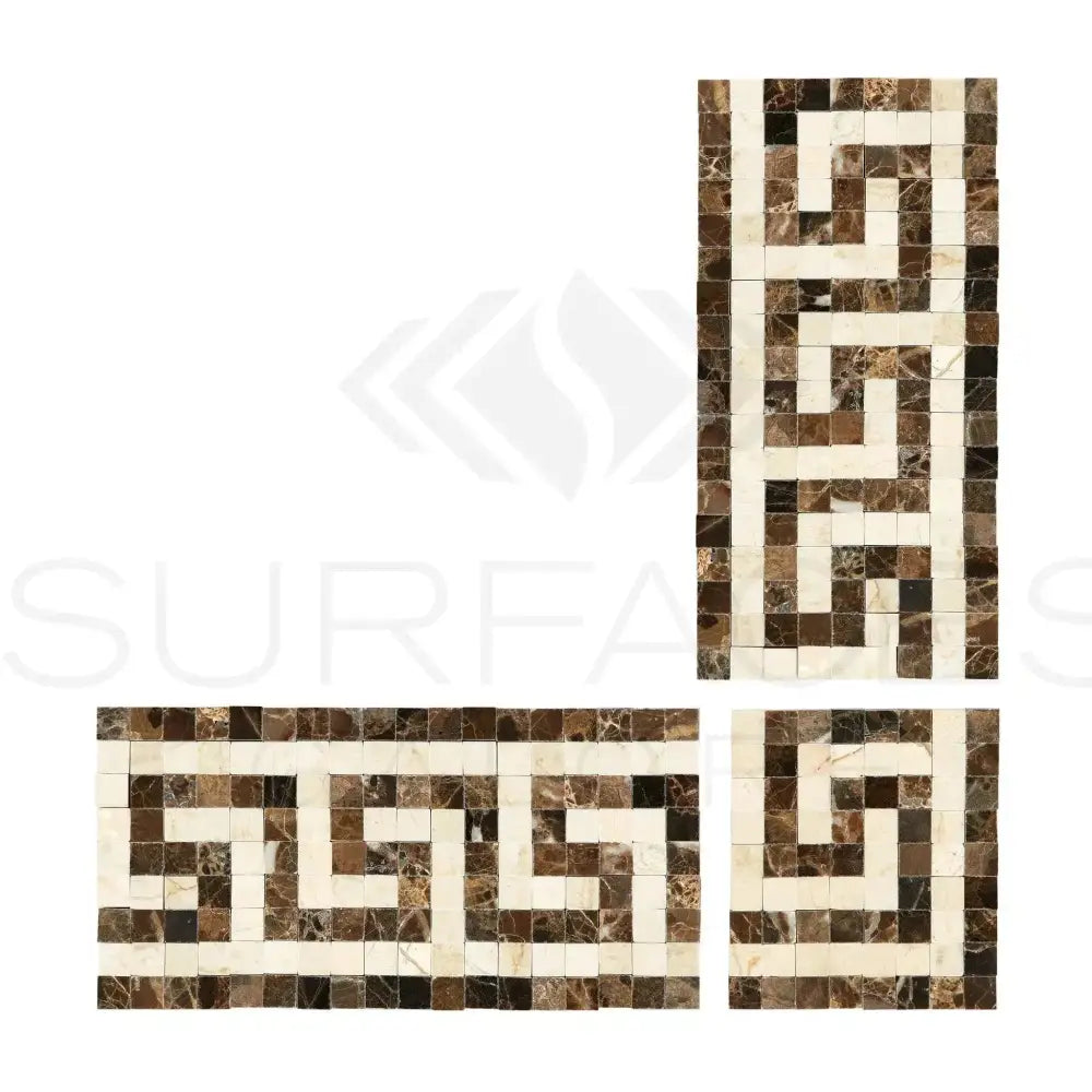 Emperador Dark Oro Marble Greek Key Corner Border (Emp. Dark+C. Marfil) 3 1/8 X 3 1/2 Polished-American Stone