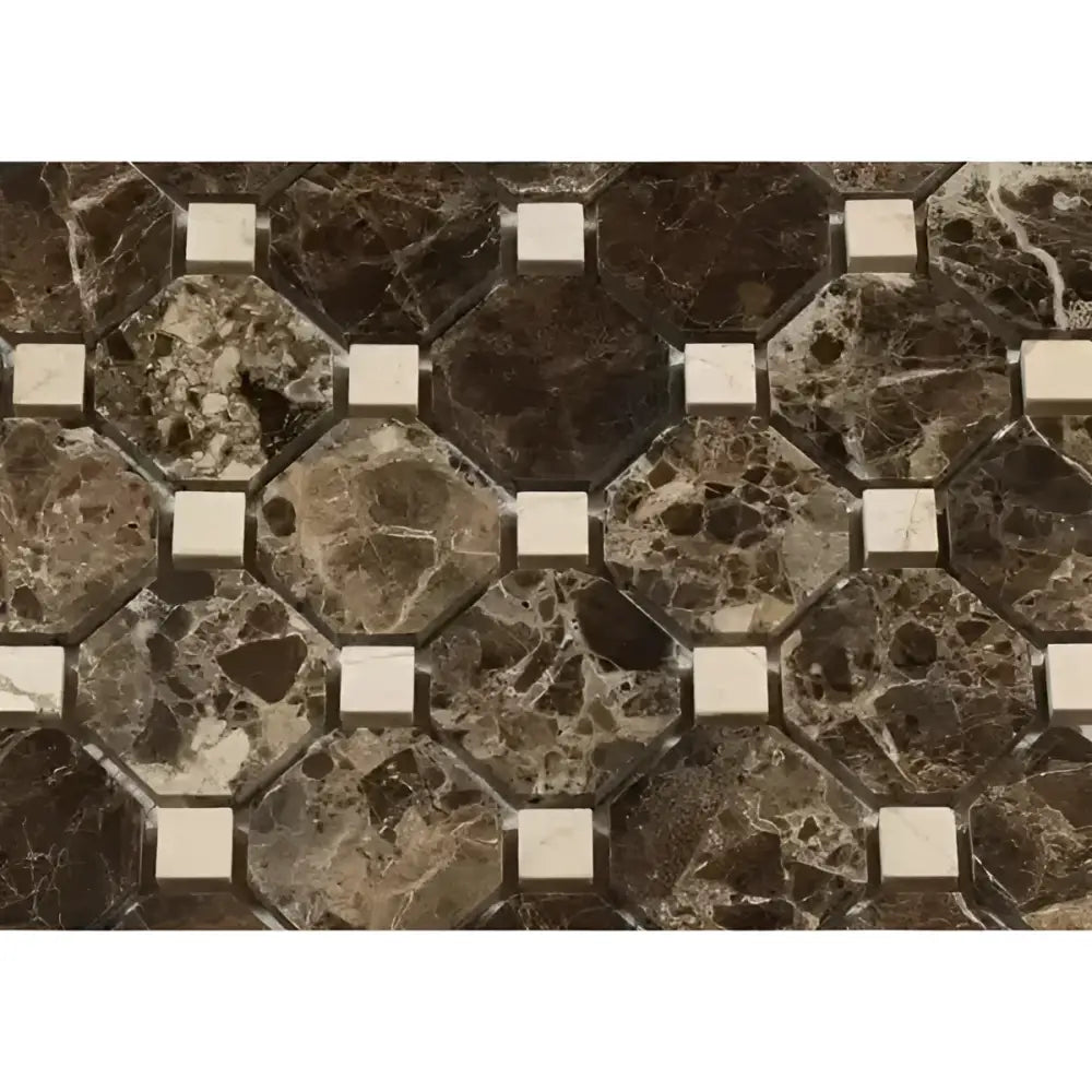Emperador Dark Oro Marble Octagon Mosaic w/ C. Marfil Dots Mosaic Polished-American Stone