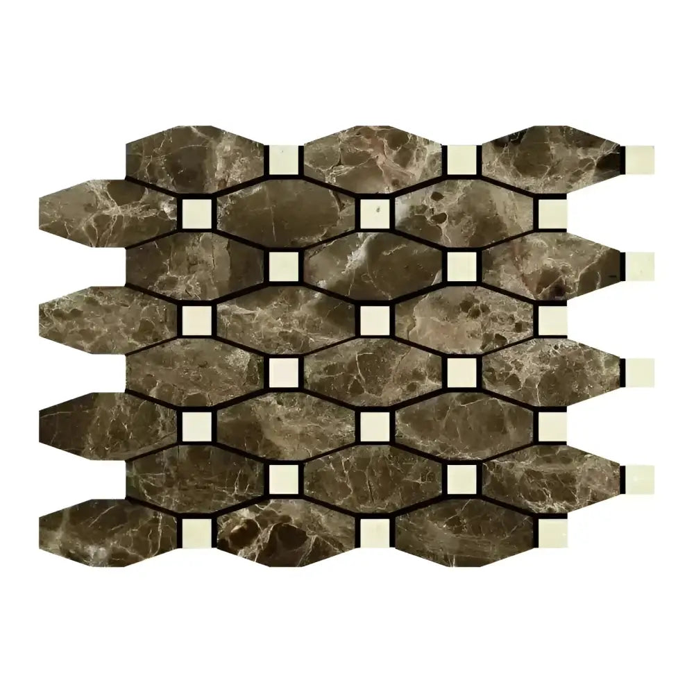 Emperador Dark Oro Marble Octave (Long Octagon) w/ C. Marfil Mosaic Polished-American Stone