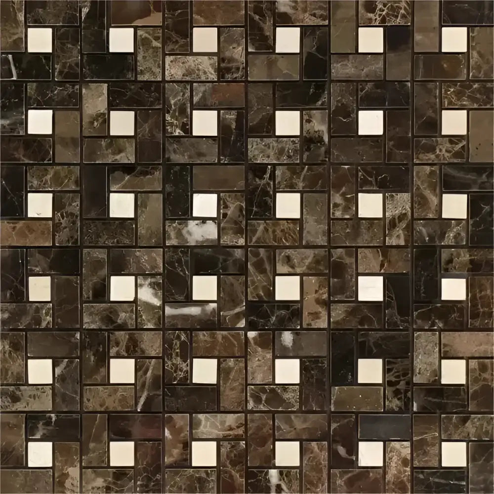 Emperador Dark Oro Marble Pinwheel (Mini) w/ C. Marfil Dots Mosaic Polished-American Stone