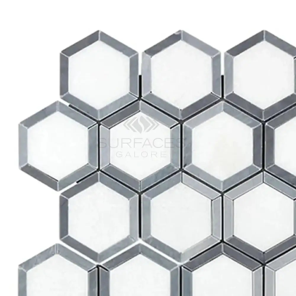Thassos Supreme 2" Vortex Hexagon (w/ Blue-Gray) Mosaic Marble-American Stone