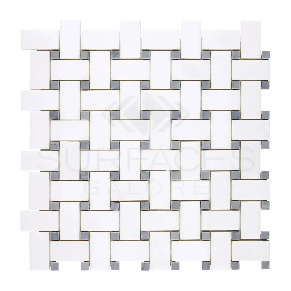 Thassos Supreme Basketweave Mosaic (w/ Blue-Gray) Mosaic Marble-American Stone