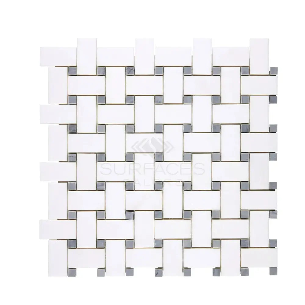 Thassos Supreme Basketweave Mosaic (w/ Blue-Gray) Mosaic Marble-American Stone