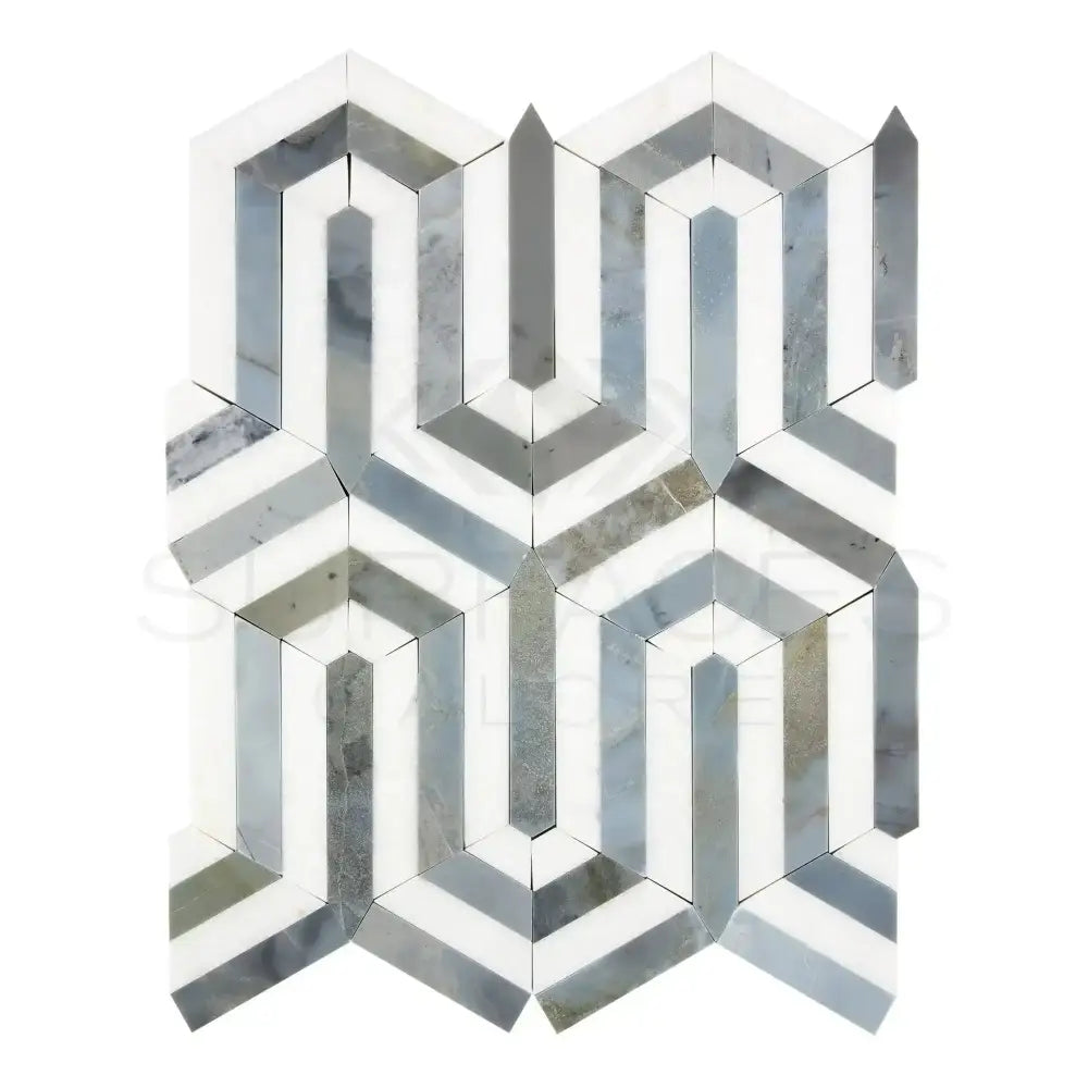 Thassos Supreme Berlinetta Design (w/ Blue-Gray) Mosaic Marble-American Stone